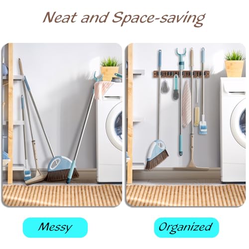 OUTNILI Mop and Broom Holder Wall Mount - Wood Broom Mop Hanger - Wall Mounted Garden Tool Rack Organizer for Closet Garage Laundry Room for Rustic Kitchen Decor With 5 Slots & 4 Hooks - color: Brown-5 Grips, size: 1 Pack