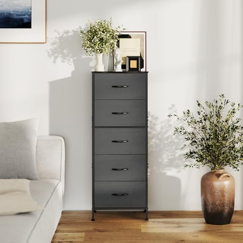 Sweetcrispy 5 Drawer Dresser with Fabric Bins, Sturdy Steel Frame and Wood Top, Storage Organizer Chest for Bedroom, Closet, Hallway, Gray - color: Grey, size: 15.7"D x 11.8"W x 47.7"H (5 Drawers)