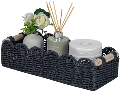 CubesLand Toilet Paper Storage Basket Scalloped Edge Home Decor Basket, Living Room Cozy Decor, Paper Rope Small Baskets for Over Toilet Storage Shelf, End Table, Shelves, with 2 Wooden Handles, Black - color: Black, size: M - 14"L x 6.3"W x 3.9"H