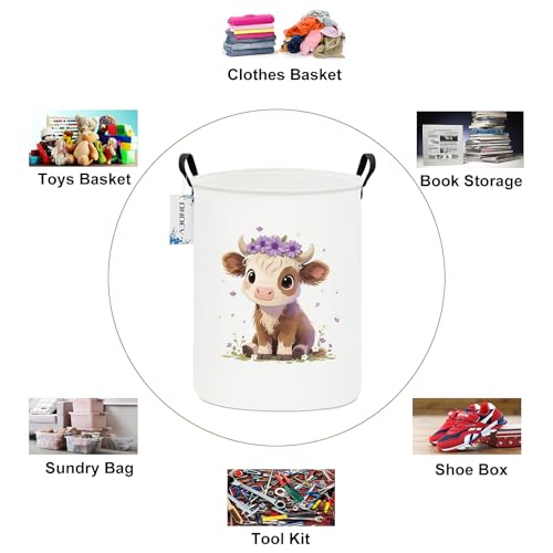 Round Cow Laundry Basket,Collapsible Laundry Hamper for Nursery,Cute Highland Cow Toy Storage Bin for Kids,Waterproof Storage Basket for Home,Bedroom,Playroom,New Parent Gift (Cute calf) - color: Round Cute calf