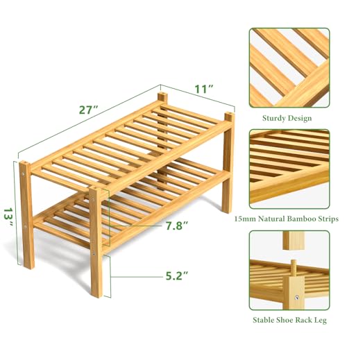 RONGJlA 2 Tier Bamboo Shoe Rack for Closet Free Standing Wood Shoe Shelf Storage Organizer for Entryway Small Space Stackable, Natural - color: Natural, size: 2-Tier-Heavy Duty