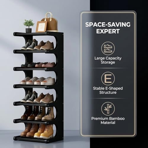 39" Bamboo Shoe Rack - Vertical Shoe Organizer Rack for Small Space, Narrow Shoe Tower for Closet, Entryway, Corner, Tall Shoe Shelf with Removable Shelves, Flexible Storage Shelf for Saving Space - color: Black