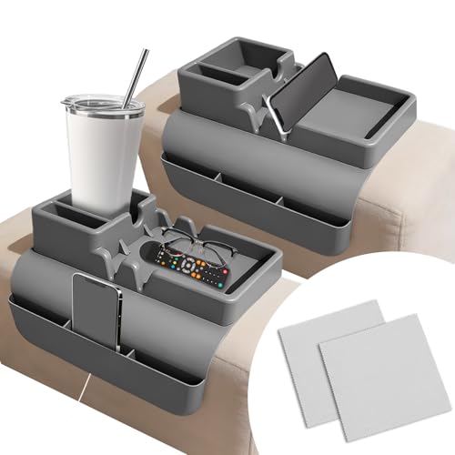 2Pcs Couch Cup Holder Tray, Couch Arm Cup Holder, Large Anti-Slip Couch Cups Holder with Side Pocket, Silicone Sofa Armrest Organizer for Snacks/Remote/Phone/Fruit, Gift for Holiday - color: Grey