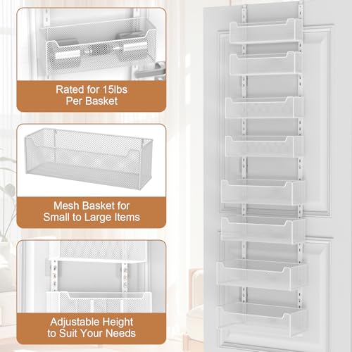 VyGrow Over The Door Organizer, 8-tier Metal Door Organizer Hanging with Adjustable Baskets, Behind The Door Storage for Bedroom Closet Bathroom Pantry Cabinet Kitchen, White - color: White, size: 8-Tier