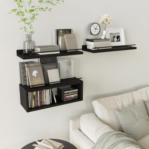 WOPITUES Floating Shelves for Wall with Cube Shelf, Wall Shelves with Metal Rail for Bathroom Decor, Bathroom Organizers and Storage, Over Toilet Shelves for Toilet Paper-Black - color: Black, size: 15.7 inch