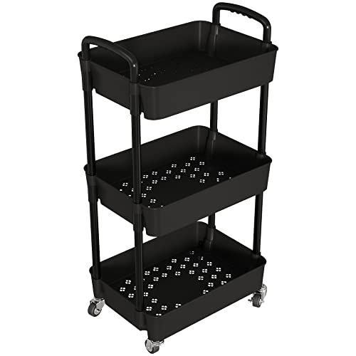 Laiensia 3-Tier Storage Carts,Multifunction Utility Rolling Cart Kitchen Storage Organizer,Mobile Shelving Unit Cart with Lockable Wheels for Bathroom,Laundry,Living Room,With Classified Sticker,Black - color: Black, size: 3-Tier