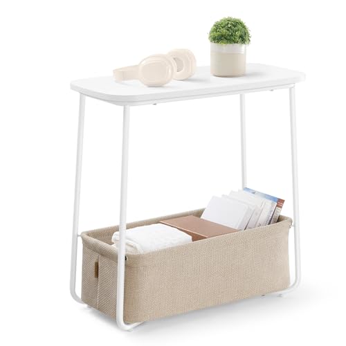 VASAGLE LILEA Collection - Side End Table with Fabric Basket, Modern Nightstand, Rectangular Bedside Table, for Living Room, Bedroom, Matte White and Camel Brown ULET230W10 - color: Matte White + Camel Brown, size: Rectangular + 1 pack