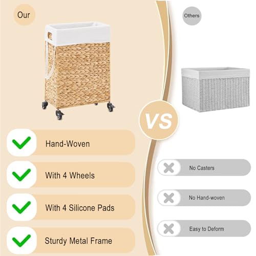 Rolling Laundry Hamper with Wheels, Slim Laundry Basket with Removable Liner Bag & 2 Mesh Bags, Handwoven Water Hyacinth Clothes Hamper for Bedroom Bathroom (Natural, 50L) - color: Natural/No Lid/50L