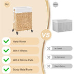 Rolling Laundry Hamper with Wheels, Slim Laundry Basket with Removable Liner Bag & 2 Mesh Bags, Handwoven Water Hyacinth Clothes Hamper for Bedroom Bathroom (Natural, 50L) - color: Natural/No Lid/50L