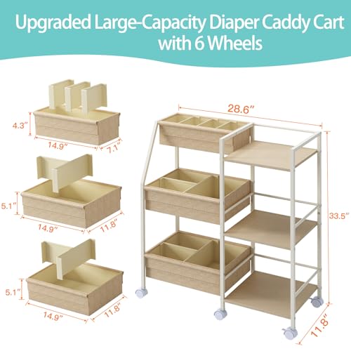 Baby Diaper Caddy Organizer Cart, 3-Tier Rolling Wheels Cart with Dividers and Shelves, Bedside Utility Cart for Nursery Essentials, Large Capacity Mobile Storage Cart for Crib, Bedroom - color: Off White