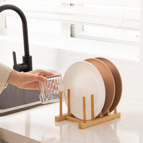 HBlife Bamboo Dish Plate Bowl Cup Book Pot Lid Cutting Board Drying Rack Stand Drainer Storage Holder Organizer Kitchen Cabinet（Keep Dry） - color: Bamboo 4 Slots 1pcs