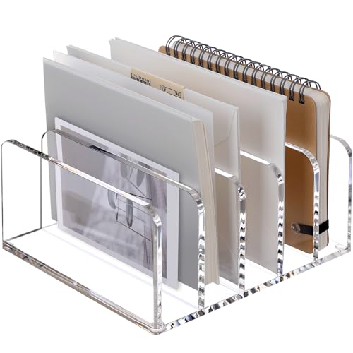 SANRUI Acrylic Desk Organizer, 5 Compartments Mail Organizer,Small File Holders Letter Organizer,Clear Office Organization,Multifunction Sorter Envelope Rack for Office,Home, School - style: 5 Sections