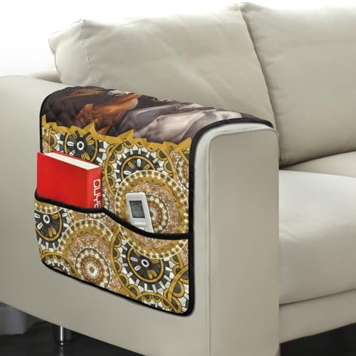 Boho Mandala Horse Print Sofa Armrest Organizer with 2 Pockets Non-Slip Recliner Armrest Cover for Living Room Stain Resistant Furniture Protector Remote Controls Holder - color: Boho Mandala Horse