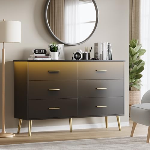Black Dresser for Bedroom, Dressers & Chests of Drawers for Clothes Storage, Wood Dresser for Closet with 6 Drawers, Wide Long Clothes Organizer with LED Light for Hallway, Entryway, Metal Handles - color: Black
