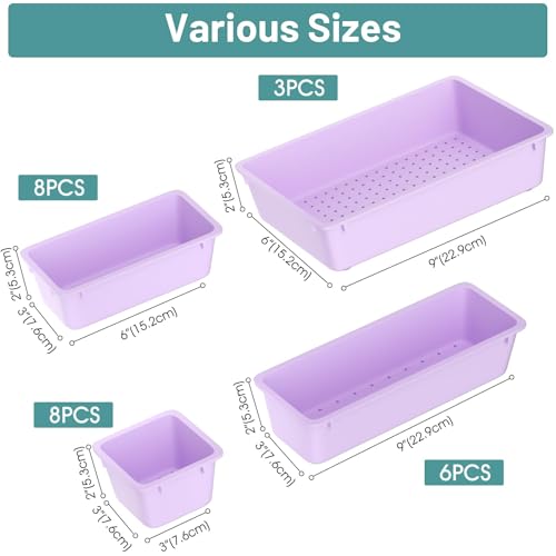 WOWBOX 25 PCS Plastic Drawer Organizer Set, 4 Sizes Desk Drawer Divider Organizers and Storage Bins for Makeup, Jewelry, Gadgets for Kitchen, Bedroom, Bathroom, Office, Purple - color: Purple