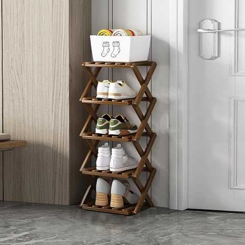 Foldable Shoe Rack, Bamboo Vertical Shoe Organizer Tall for Small Spaces. Multifunctional Narrow Shoe Shelf for Entryway, Closet, Corner, Bedroom, Hallway, Brown Color 5 Layers - color: Brown, size: 5 Layers