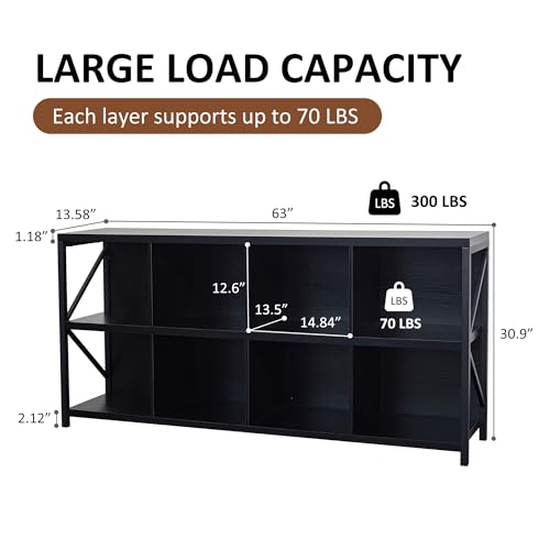 8 Cube Storage Organizer Bookshelf, Industrial Horizontal Bookcase, Accent Cubby Shelf, Media Console Table for Living Room, Home Office, 13.6" D x 63" W x 30.9" H, Black - color: Black, size: 8 Cube- 2 Tier