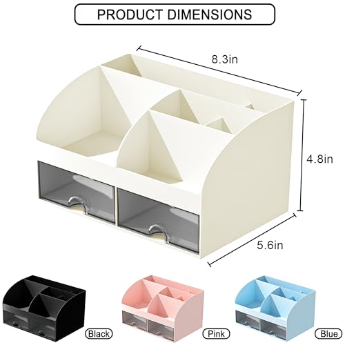 COMFYROOM Desk Organizer with 6 Compartments and 2 Drawers, Plastic Makeup Organizer, Pen Holder for Desktop Storage, Desk Organization for School, Home, Office Supplies (Ivory) - color: Ivory