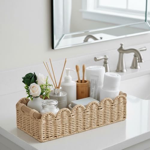 CubesLand Scalloped Edge Toilet Paper Storage Basket, Living Room Home Cozy Decor Basket, Paper Rope Small Baskets for Over Toilet Storage Shelf, End Table, Shelves, with 2 Wooden Handles, Beige - color: Beige, size: M - 14"L x 6.3"W x 3.9"H