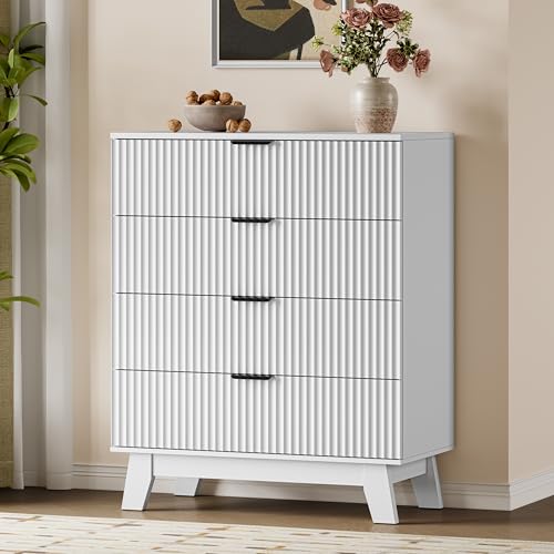 BORNOON 39" Tall Dresser for Bedroom, 4-Drawer Fluted Chest of Drawers, Modern Wood Highboy with Deep Storage, Metal Slides & Handles, Anti-Tip Kit, Vertical Clothes Organizer for Apartment, Nursery - color: Pure White, size: Tall 4-Drawer