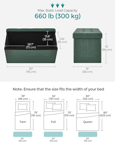 SONGMICS Mazie Collection - 30 Inches Folding Storage Ottoman Bench, Ottoman Foot Rest, End of Bed Bench, Storage Chest, Load 660 lb, for Living Room, Bedroom, Entryway, Retro Green ULSF047C01 - color: Retro Green, size: 15"D x 30"W x 15"H