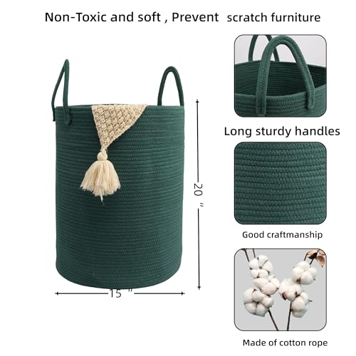 Woven Cotton Rope Laundry basket-15”X20” Laundry Hamper-Rope Storage Basket for Dirty Clothes, Toys and Blankets Perfect for Bathroom, Baby nursery and Living Room Storage (dark green) - color: dark green, size: regular