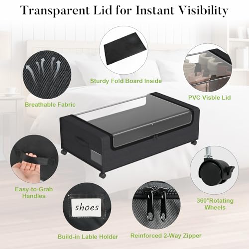 Webetop Under Bed Storage Containers with Wheels,12 inch Under the Bed Storage Bins with Clear Lid for Underneath Small Spaces Dorms, Blankets (2 Pack, 30.7"x17.3"x12") - color: Black, size: 12 inch height