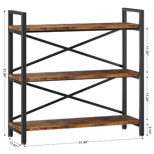 3 Tier Bookshelf 31.49" Width, Wood and Metal Etagere Bookcase, Vintage Farmhouse Modern Wooden Big Book Shelf for Home Living Room Bedroom Office Storage(Rustic Brown) - color: Rustic, size: 3 Tier - 31.5" W