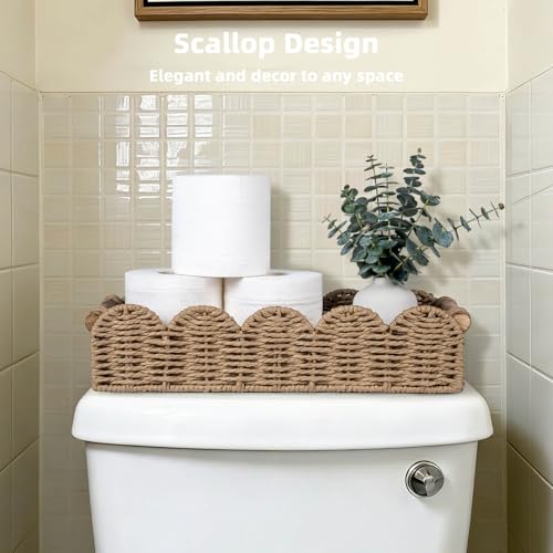 CubesLand Bathroom Basket Organizer w/Cut Out Handle, Back of Toilet Paper Storage Baskets Tray for Bathroom Countertop Decorative, Scalloped Wicker Basket Also for Home Decor, Living Room, Neutral - color: Neutral