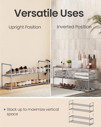 SONGMICS Shoe Rack, 2-Tier Shoe Organizer, Metal Storage Shelf, Upright or Upside Down, for 12-15 Pairs, Stackable, for Entryway, 11.8 x 36.2 x 14.6 Inches, Gray ULSA012G01 - color: Grey, size: 2 Tiers (36.2"w)