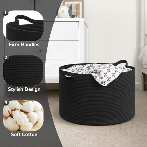 Goodpick Blanket Basket 19.7'' x 12.6'', Woven Storage Baskets, Cotton Rope Toy Storage for Kids, Home Decor for Living Room, 65L Black - color: Black, size: 19.7x19.7x12.6 Inch (Pack of 1)
