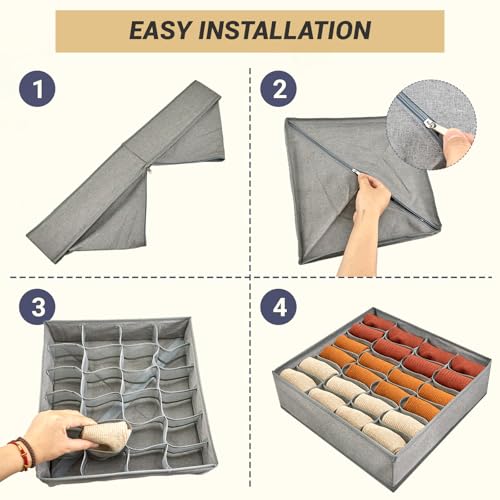 PINGMIC Gray Sock Organizer Divider 2 Pack - 24 Cell Foldable Closet Storage, Tie Organizer For Men Boxes for Socks, Ties, Belts - color: 2PCS