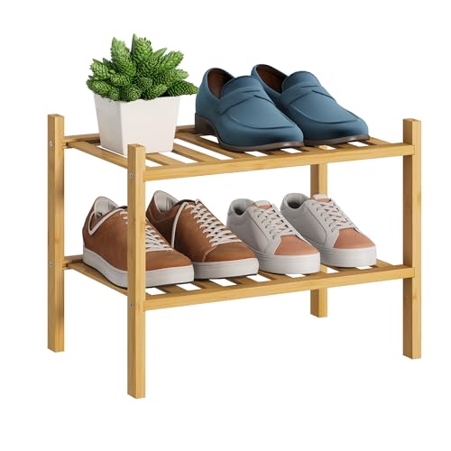 BMOSU 2-Tier Bamboo Small Shoe Rack Premium Stackable Shoe Shelf Storage Organizer for Hallway Closet Living Room Entryway Organizer (Natural Bamboo) - color: Natural Bamboo, size: Small-2-Tier（17*11*12.6inches）