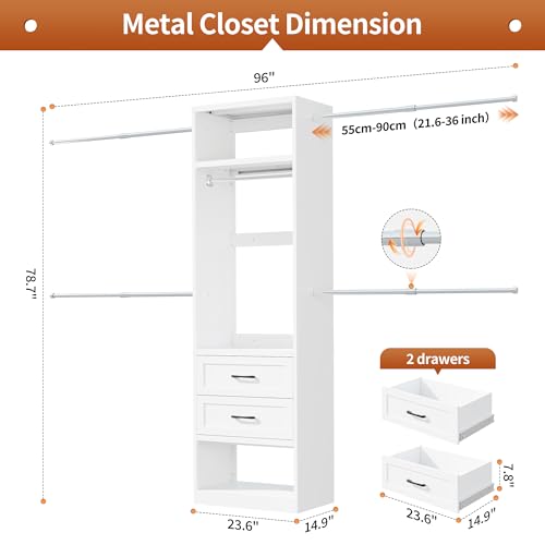 79"H Closet System, 2-8.2FT Metal Closet Organizer with 4 Expandable Hanging Rods, Walk In Closet Organizers and Storage, Clothes Closet with 5 Hanging Zones, 2 Drawers, 2 Shelving Towers