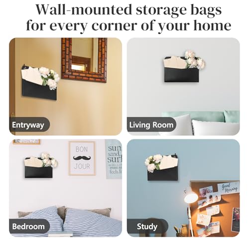 Wall Mount PU Leather Mail Holder Black Faux Leather Letter Holder 2 Ring 9.8" x 7.7" x 1.4" File Organizer Stylish Wall Hanging Mail Storage for Flowers Envelope Key Notebooks Home Office Decor - color: Black