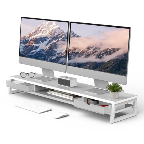 Fenge Dual Monitor Stand, Monitor Riser with Drawer, 42.5 Inch Large Computer Monitor Stand for 2 Monitors, 2 Tier Wooden Desk Shelf for Top of Desk - color: White