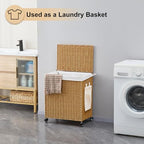 Handwoven Hamper with Lid, Laundry Basket with Wheels, Machine Washable Liner, 2 Section Clothes Hamper for Bathroom Laundry Room Bedroom, Rattan, 125L - color: Rattan/With Lid/125L