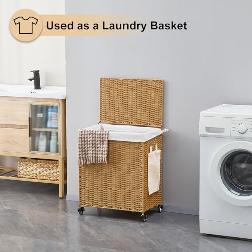Handwoven Hamper with Lid, Laundry Basket with Wheels, Machine Washable Liner, 2 Section Clothes Hamper for Bathroom Laundry Room Bedroom, Rattan, 125L - color: Rattan/With Lid/125L