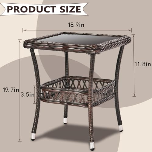 Outdoor Side Table Wicker Outdoor End Table for Patio Outside Brown Patio Coffee Square Tables with Storage & Glass Top for Backyard Porch - color: Espresso Brown