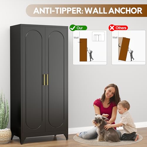 UNICOLY Armoire Wardrobe Closet with Doors, 71'' Wardrobe Cabinet with Hanging Rod, Metal Closet with 2 Adjustable Shelves for Bedroom School, Employee, Gym, Armarios De Ropa para Dormitorio, Black - color: Black, size: 71 Inch arched-J with 0 Drawers
