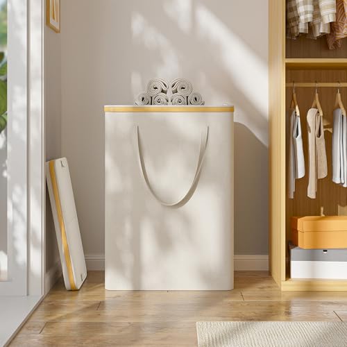 160L Double Laundry Hamper with Lid 2 Section, Large Bamboo Laundry Basket with 2 Removable Bags, Clothes Hampers for Laundry for Bedroom, Bathroom, Dorm, Laundry Room, Beige - color: Beige, size: 160L