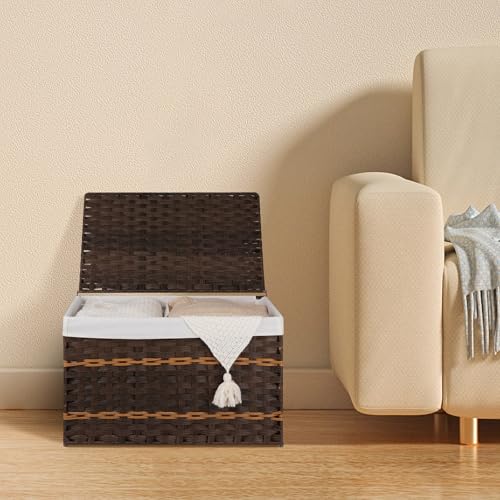 OIAHOMY Storage Basket with Lid, 27.7 Gallon (105L) Blanket Basket with Removable Liner Bag, Synthetic Wicker Hamper with Handle, Hamper for Living Room, Brown - color: Brown, size: 105L