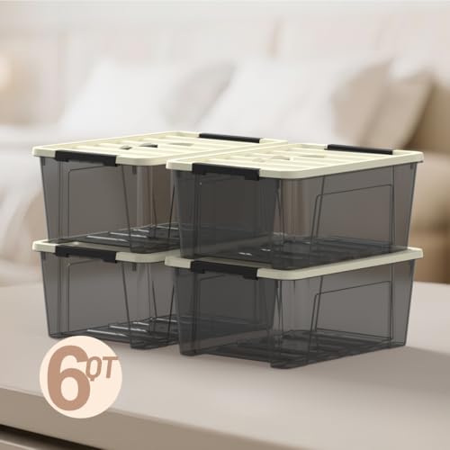 9-pack clear small plastic storage bins with khaki safety lids and black latch locks, durable stackable nestable organization containers, 6 quarts - color: Khaki
