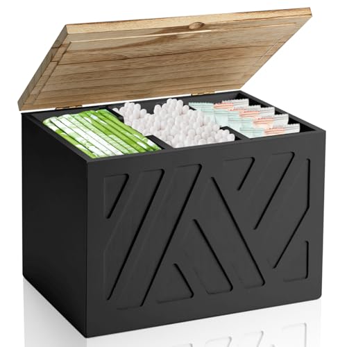 Tampon Holder for Bathroom, Feminine Product Organizer, Pad Organize Case with Lid, Shark Week Wooden Tampon Storage Decor, Lady Girl Stuff Box for Toilet Bathroom Accessories- Black - color: Black