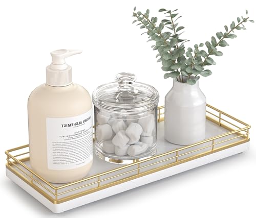 Bathroom Tray for Counter Top Organizer – Oak Wood Vanity Tray with Metal Frame for Dresser, Kitchen, Nightstand – Gold & White Decorative Storage - color: Gold & White, size: 11" x 4.5" x 1.5"