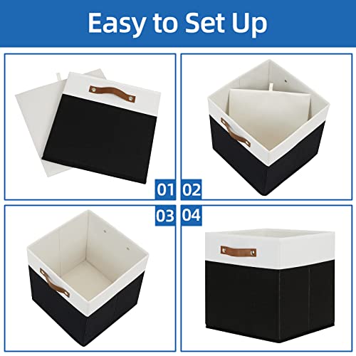 Temary Fabric Storage Bin 4 Pack Cube Storage Bin for Shelf Fabric Cube Storage Basket 13 Inch Cube Storage Bins Foldable Storage Cubes with Leather Handles(White&Black) - color: White&Black, size: 13×13×13