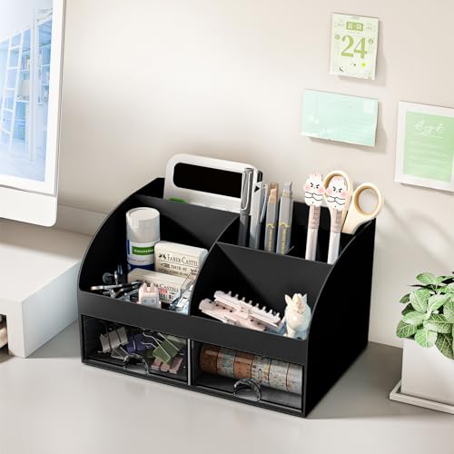 COMFYROOM Desk Organizer with 6 Compartments and 2 Drawers, Plastic Makeup Organizer, Pen Holder for Desktop Storage, Desk Organization for School, Home, Office Supplies (Black) - color: Black