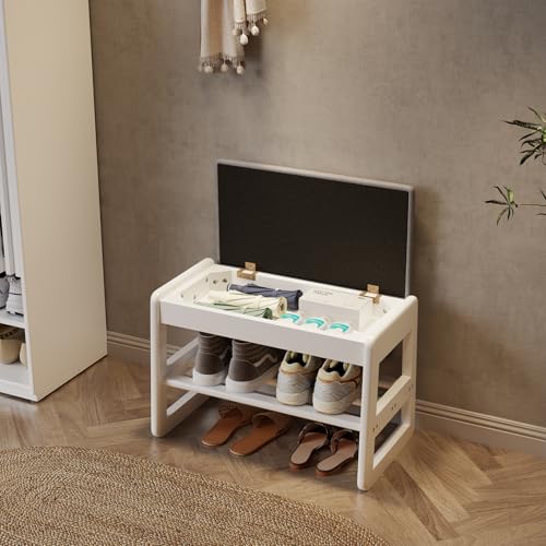 AQIMUELE Shoe Rack Bench,2 Tiers Shoe Bench with Storage with Flip-Top,Wood Shoe Rack for Entryway,Hallway（White Upholstered Seat,11.8" D x 23.62" W x 15.7" H） - color: White Upholstered Seat, size: 11.8"D x 23.62"W x 15.7"H