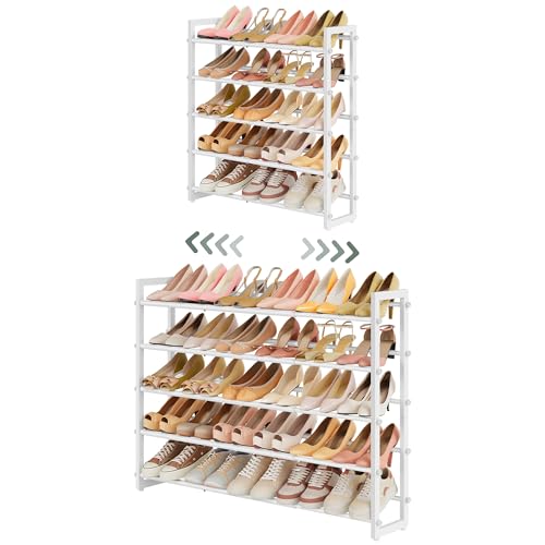 FAVOOSTY 3-Tier Expandable Shoe Rack, Adjustable Shoe Shelf Storage Organizer Space Saving Metal Free Standing Shoe Rack for Entryway Closet Doorway, Silver Grey (White, 5 Tier) - color: White, size: 5 Tier