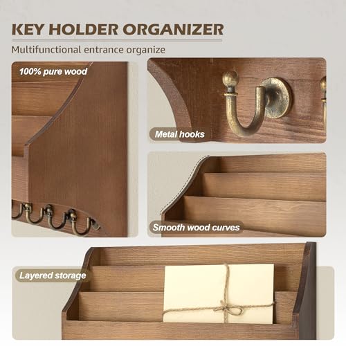 Rebee Vision Pine Wood Key Holder Wall Mount - Hanging Mail Holder for Wall with Key Hooks & 3-Tire Letter Slot - Multifunctional File Organizer for Home and Office Decor (Brown) - color: Brown
